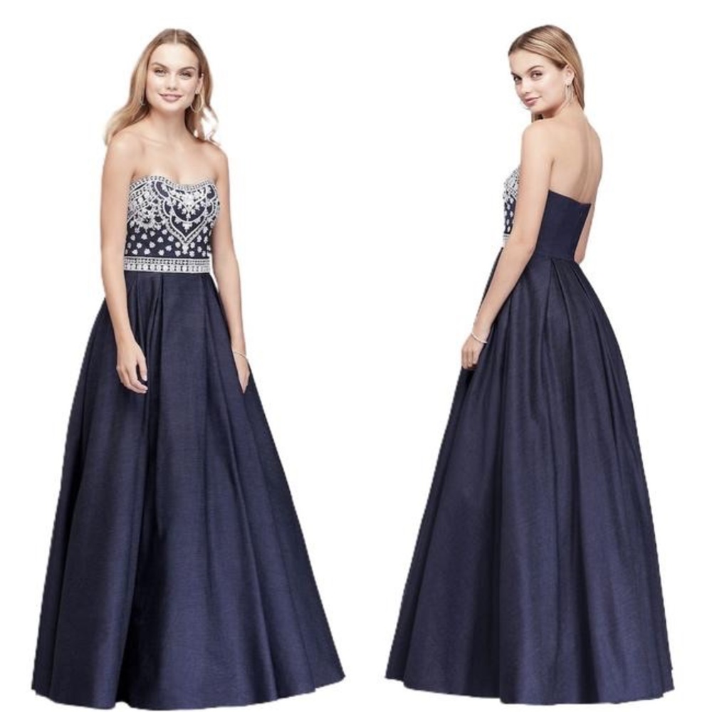Betsy and Adam Embroidered Denim Blue Prom Dress